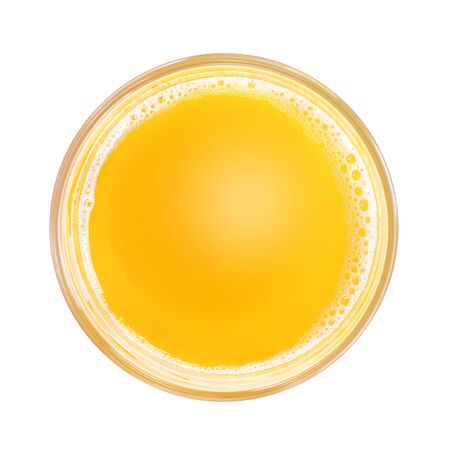 Top view of yellow soft drink and white foam in simple glass. Isolated on white background. Round copy space in centerの写真素材