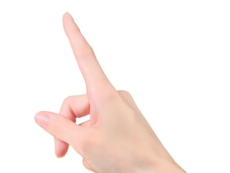 Female hand touching or pointing to something. Close up isolated on white with clipping pathの写真素材