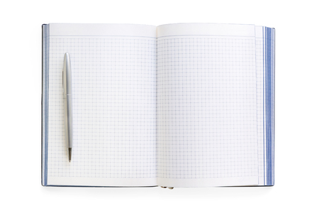 Open notebook with pen. Top view, isolated on white, clipping path includedの写真素材