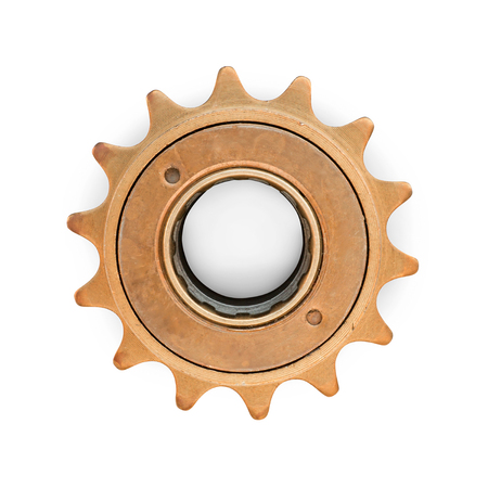 Bronze colored gear. Vintage bicycle part. Isolated on white, clipping path includedの写真素材