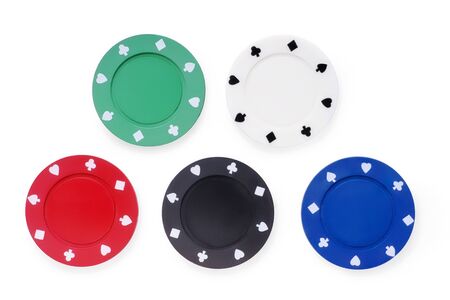 Five colored poker chips set. Without labels, isolated on white. Clipping path included