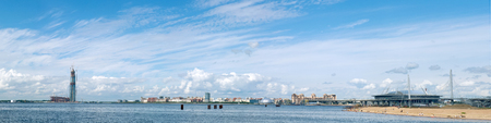 SAINT PETERSBURG. RUSSIA - JUNE 25 2017. Panoramic Gulf of Finland view with multipurpose center Lakhta (Gazprom headquarters) under construction and "Zenith Arena" stadium. Against cloudy skyのeditorial素材