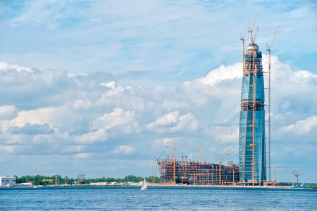 SAINT PETERSBURG. RUSSIA - JUNE 25 2017. Multipurpose center Lakhta (Gazprom headquarters) under construction. Sea side view against cloudy skyのeditorial素材