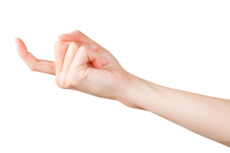 Beautiful woman hand showing beckoning gesture. Isolated on white, clipping path includedの写真素材