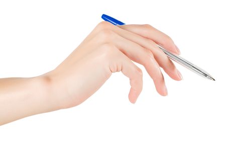 Woman hand with pen. Isolated on white, clipping path includedの写真素材