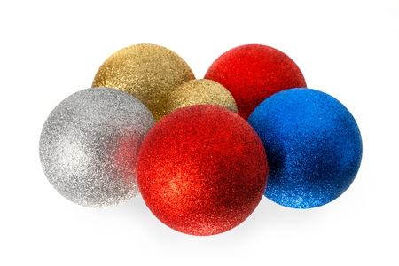 Bright colored christmas balls. Isolated on whiteの写真素材