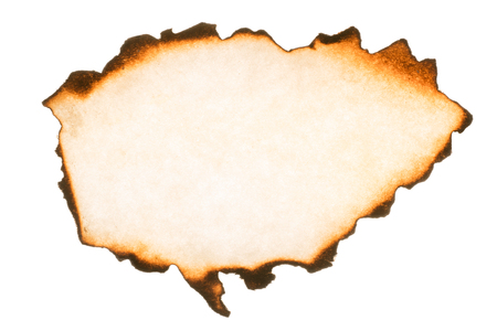 Burnt paper piece with thorn edges macro texture. Texture and background isolated on whiteの写真素材