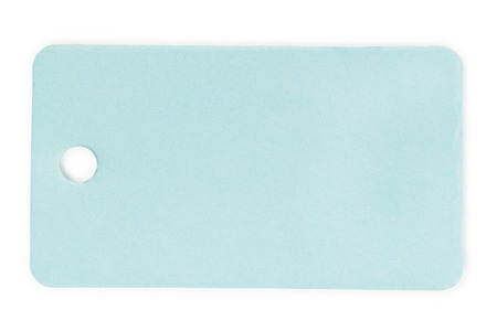 Blank blue cardboard tag with copy space. Isolated on white with clipping pathの写真素材