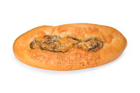 Baguette with cheese and herbs top view. Fresh loaf of white bread. Isolated on white, clipping path includedの写真素材