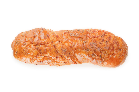 Fresh crusty glden colored baguette with ham top view. Isolated on white, clipping path includedの写真素材