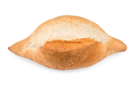 Fresh homemade white bread loaf. Top view isolated on white with clipping pathの写真素材