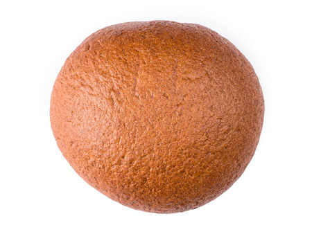 Round loaf of brown rye bread. Top view isolated on white, clipping path includedの写真素材