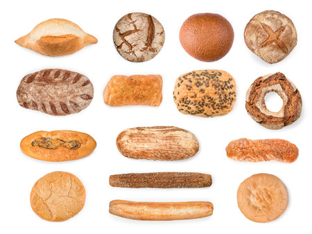 Large bread, baguettes and cake collection. Top view isolated on white, clipping path includedの写真素材