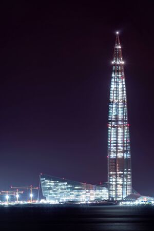 SAINT PETERSBURG. RUSSIA - SEPTEMBER 08 2018. Skyscraper Lakhta center (Gazprom headquarters) night...