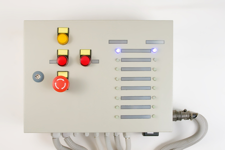 High voltage control panel with power button and different switchesの写真素材