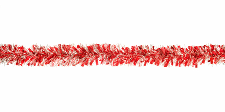 Red and silver tinsel string. Christmas decoration close up. Isolated on whiteの写真素材