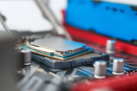 CPU on the main board close up with selective focus