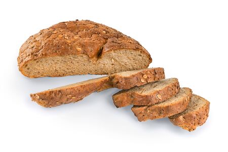 Round freshly baked brown rye round bread with slices. Wide angle view isolated on white, clipping...