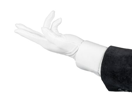 Man hand in white glove and black suit making inviting, waiting or demanding gesture. Isolated on white, clipping path includedの写真素材