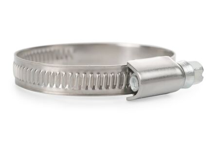 Stainless steel adjustable hose clamp side view, selective focus. Isolated on whiteの写真素材