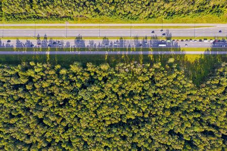 Straight highway with traffic through deep forest aerial top view. Bright summer image at sunny dayの写真素材