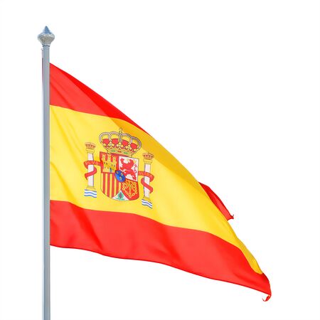 Spanish flag on flagpole. Isolated on white, clipping path includedの写真素材