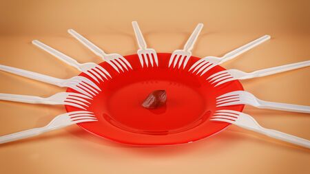 One sausage piece on red plate and lot of forks. Resource sharing, limited stock, distribution and budget sequestration concept.の写真素材