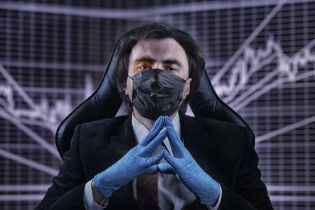 Cold-tempered calm businessman with a bruise on his face in an official suit, medical mask and...