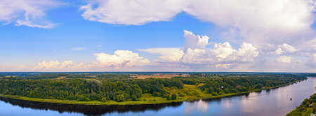 Forest, fields and Volhov river in Russia .. Ultra wide aerial panoramic landscapeの写真素材