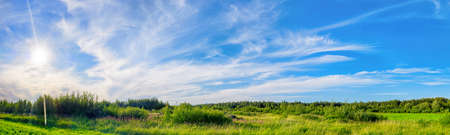 Bright green landscape with meadow, forest, and dramatic sky at sunny day. Ultra wide large hdr panoramic viewの写真素材