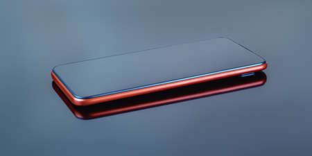 Abstract unbranded smartphone on dark gray table with reflection. Close up with selective focusの写真素材