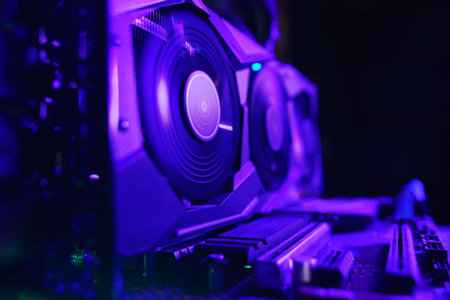 Working graphic card on board. Photo in UV light, selective focusの写真素材