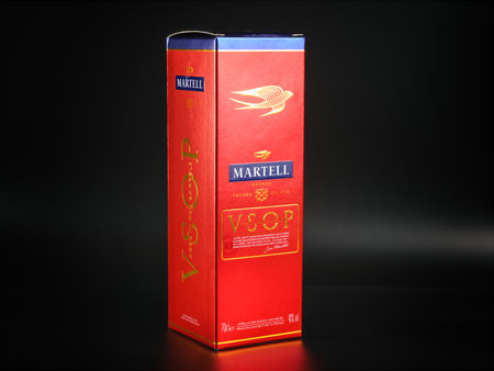 29 December 2020, Saint Petersburg, Russia. Martell VSOP cognac in the box on black background.のeditorial素材