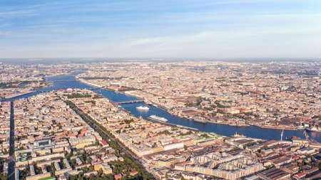 Panoramic aerial view of Neva river in Saint Petersburg, Russia. Large wide angle cityscape at sunny dayの写真素材