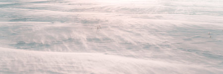 Snowy plain with drift panoramic view. High key image with selective focusの写真素材