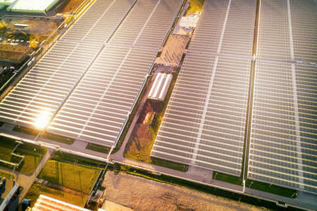 Large greenhouse complex aerial high angle view. Warm toned industrial landscape at golden hourの写真素材
