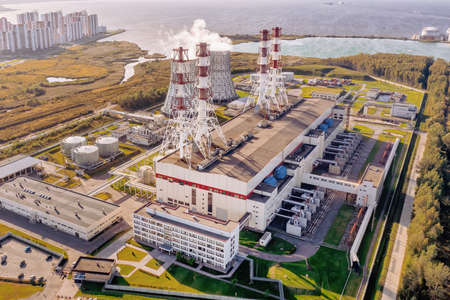 Fossil fuel power plant in the city aerial view. Industrial panoramic landscapeの写真素材