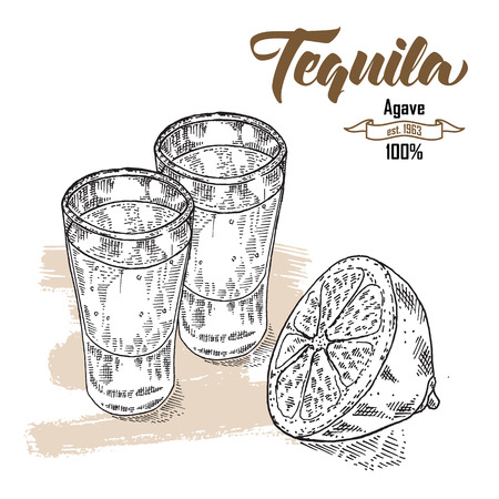 Shot of tequila drink. Hand drawn two glasses of tequila. Engraving style. Vector illustrationのイラスト素材