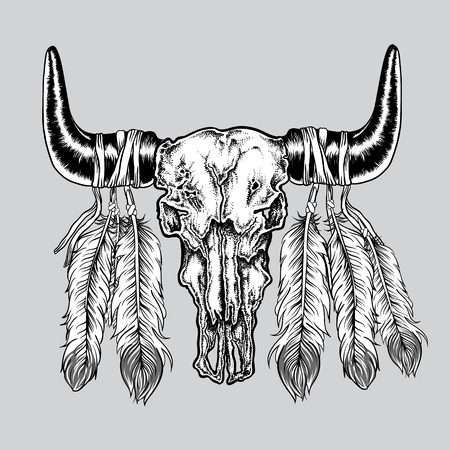 Hand drawn dot work tattoo buffalo skull with feathers. Native american art in vintage boho style. Vector illustration isolatedのイラスト素材