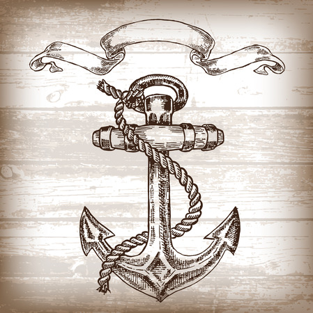 Vintage anchor on wooden background. Hand drawn vector illustrationのイラスト素材