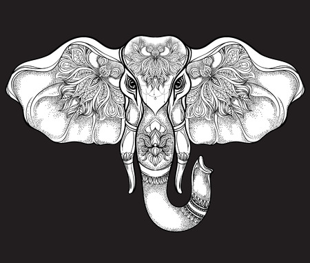 Hand drawn elephant head with mandala pattern on black. Vector illustration in line art style. T-shirt or tattoo designのイラスト素材