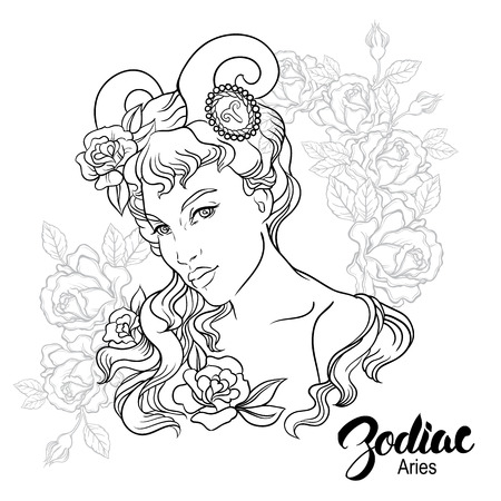 Zodiac illustration of Aries as girl with flowers. Design for coloring book page.のイラスト素材