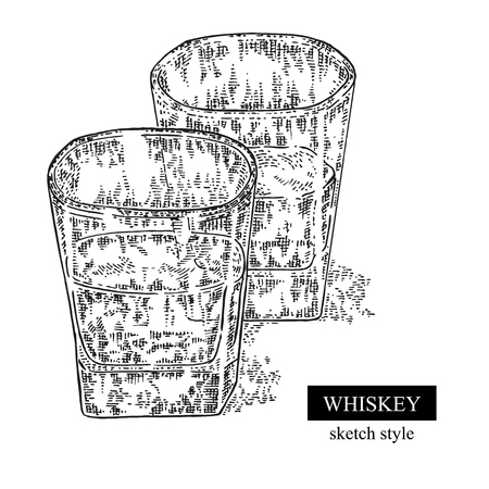 Whiskey drink. Hand drawn two glasses of whiskey. Vector illustration sketchのイラスト素材