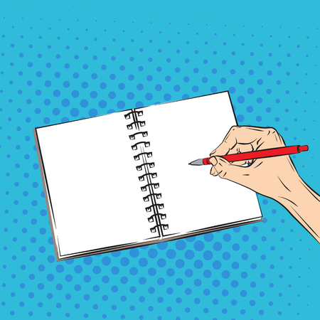 Hand with pen and open book. Vector illustration in pop art comic styleのイラスト素材