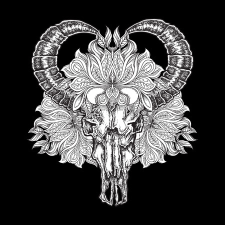 Hand drawn dot work tattoo buffalo skull with mandala flower. Vector illustration on blackのイラスト素材