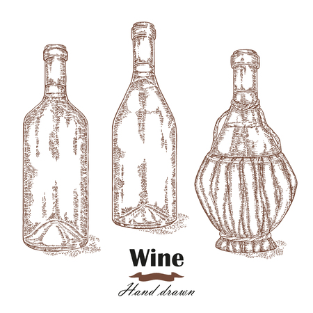 Hand drawn wine bottles vintage. Vector sketchのイラスト素材