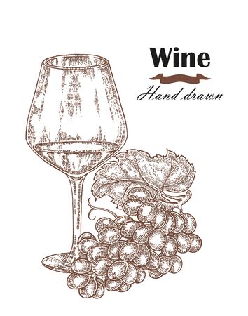 Hand drawn wine glass with grape vintage. Vector sketchのイラスト素材