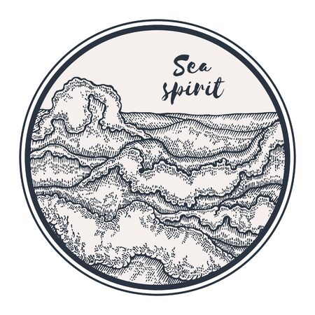 Hand drawn sea waves in circle. Marine background in line art sketch stule. Vector illustrationのイラスト素材