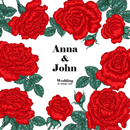 Floral wedding invitation card. Vector sketch. Red roses on white background. Save the date banner.のイラスト素材
