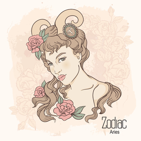Zodiac. Vector illustration of Aries as girl with flowers. Design for coloring book page.のイラスト素材
